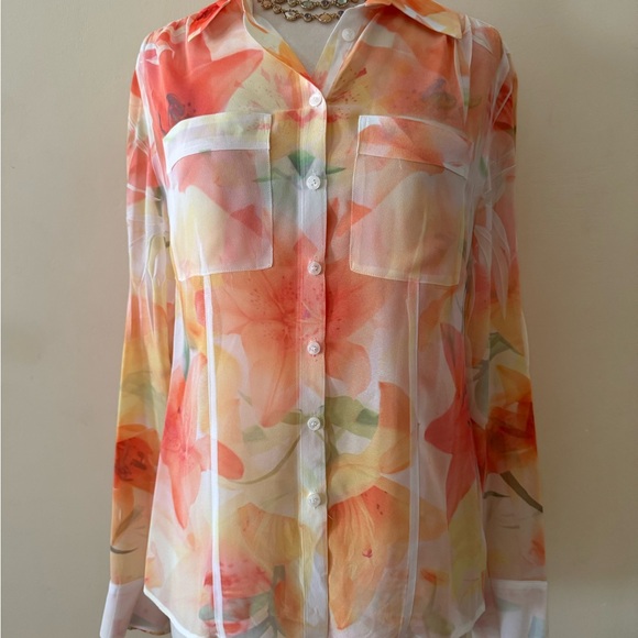 Guess Tops - Guess Sheer Floral Button-Down Blouse in Orange and Yellow